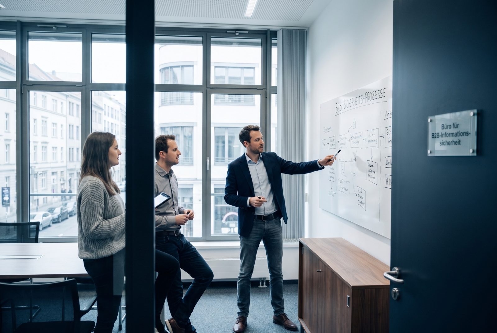 Führungsteam plant Prozesse an einem Whiteboard im Besprechungsraum