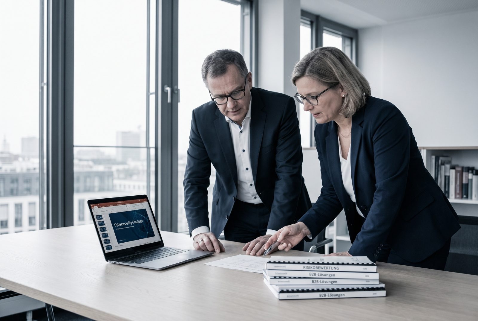Zwei Berater im konzentrierten Gespräch am Tisch mit Laptop und Unterlagen